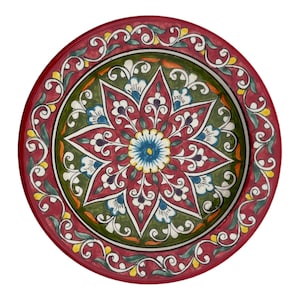 Uzbek ceramics | Ceramic plate | Hand-painted with Floral Patterns | Traditional Central Asian Design | Vibrant Reds, Greens and Whites