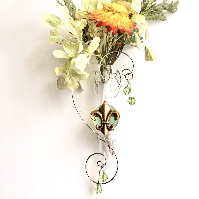 Fleur de Lis test tube vase, glass suction vase, hanging window vase, rooting vase. Color choices, dried florals. 3 in tube with suction cup image 1