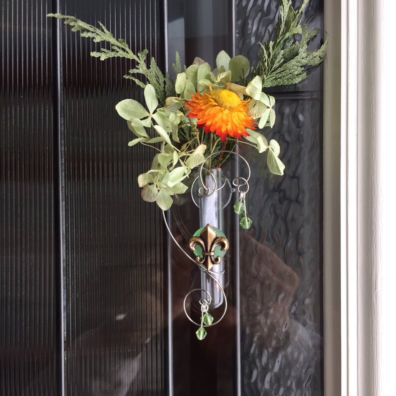 Fleur de Lis test tube vase, glass suction vase, hanging window vase, rooting vase. Color choices, dried florals. 3 in tube with suction cup image 7