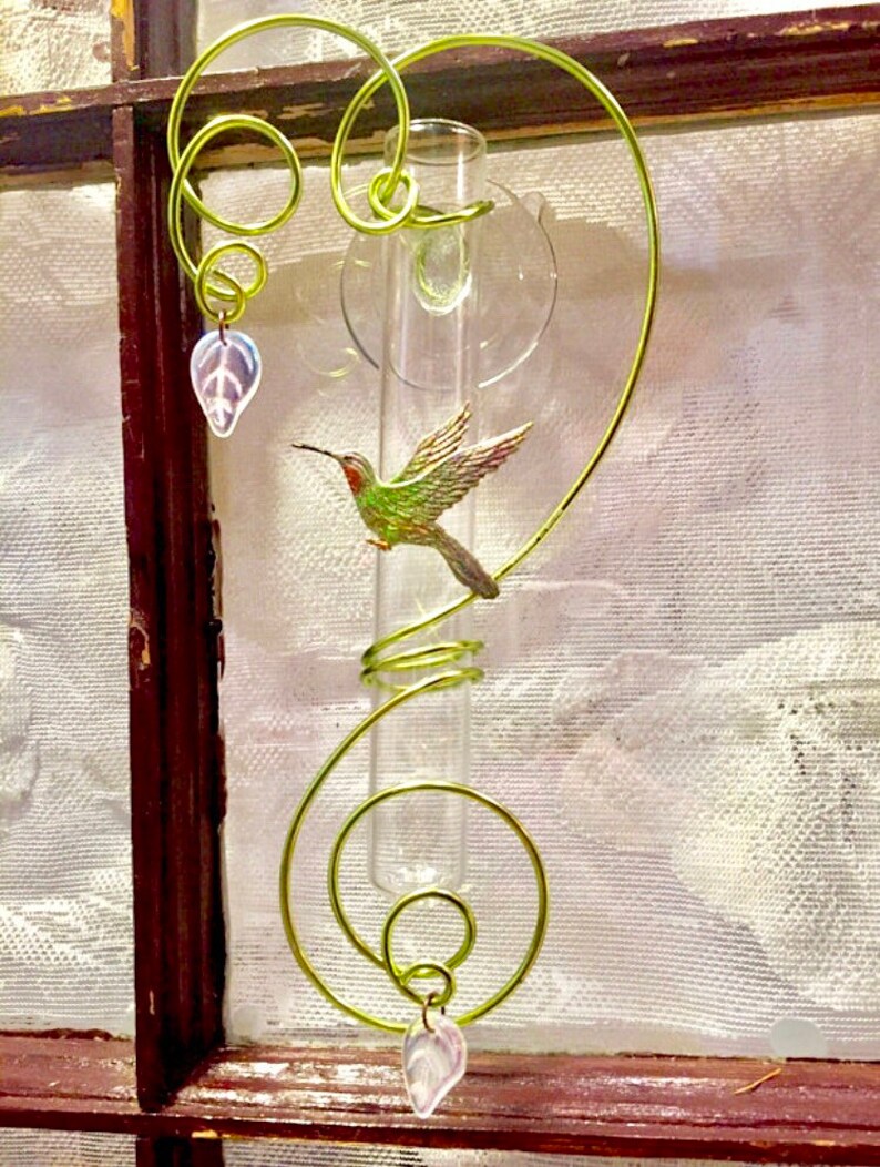 Hummingbird Gift for Bird Lover and Nature Lover. Glass Suction 6 inch Test Tube Bud Vase for Window. Dried Flower arrangement included. image 6