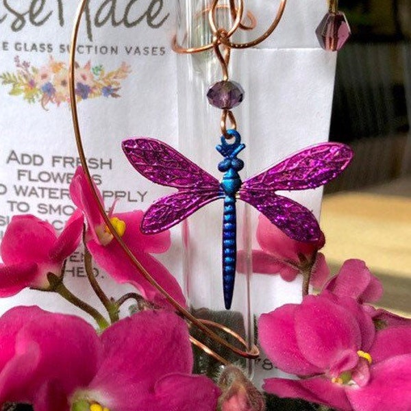 Dragonfly Suction Window Vase, Memorial Glass Bud Vase, Dragonfly lover gift. Oil Diffuser, grief get well gift. Dried Flowers arrangement.