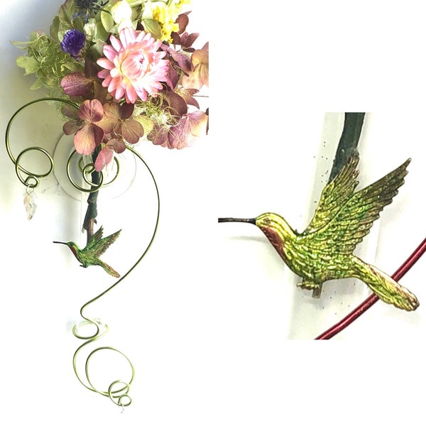 Hummingbird Gift for Bird Lover and Nature Lover. Glass Suction 6 inch Test Tube Bud Vase for Window. Dried Flower arrangement included.
