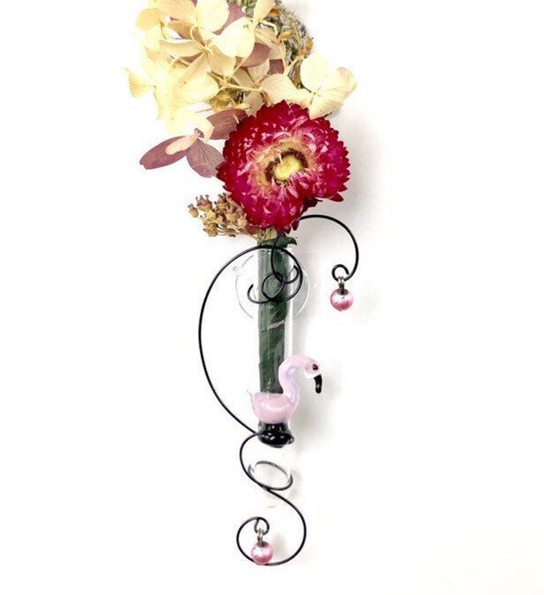 Pink Flamingo test tube vase, glass suction vase, hanging bud vase, window vase, rooting vase. Dried florals. 3 inch tube with suction cup. image 3