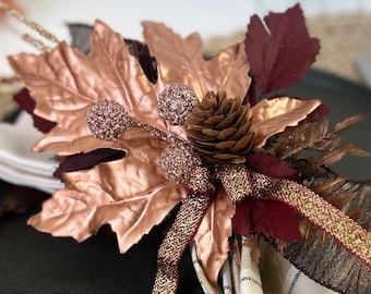 Thanksgiving Napkin Ring: Copper Colored Faux Leaves, Berries & Pinecone