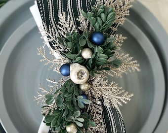 Christmas Napkin Ring with Sage Evergreens, Holiday Party Table Decor, Elevated Table Setting