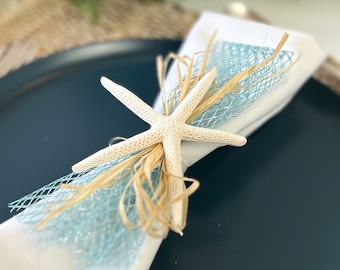 White Starfish Napkin Ring with Light Blue Mesh Ribbon, Beach Wedding Decor, Beach House Gift for Newlywed,  Birthday Gift for Shell Lover