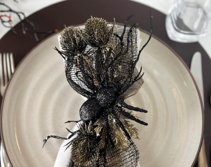 Featured listing image: Black Spider Napkin Ring, creepy Halloween decor, spider decorations, halloween party decorations, fall napkin holder, glam halloween