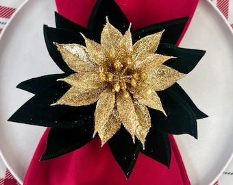 Gold Poinsettia Napkin Ring, Christmas Dinner Table Setting, Holiday Party Napkin Holder, New Years Eve Decoration