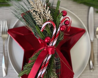 Candy Cane Napkin Ring with Pine, Holiday Party Table Decor, Elevated Table Setting