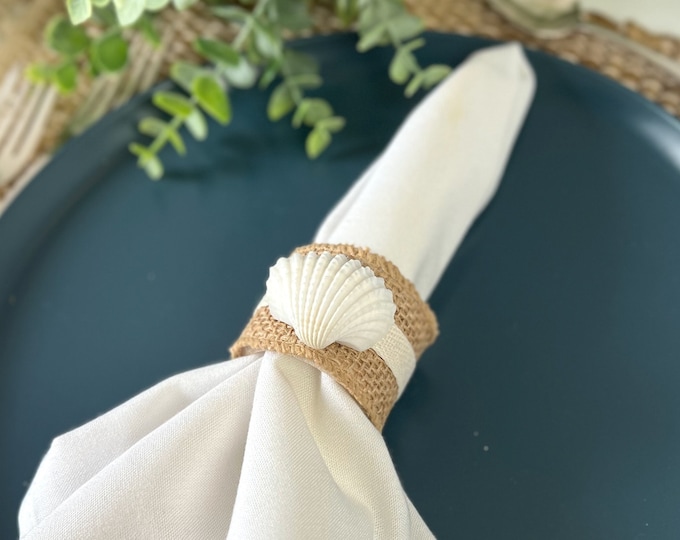 Featured listing image: Shell Napkin Ring, nautical napkin holder, beach house decor gift for newlywed, Clam decor gift for best friend, Beach Wedding Decor
