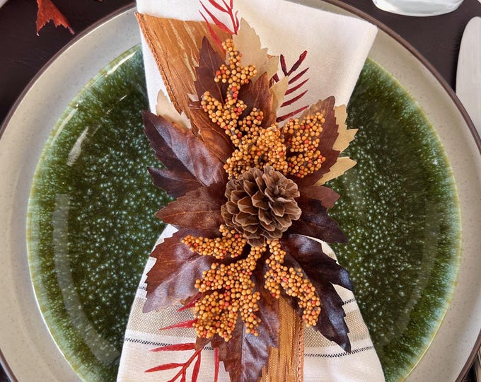 Featured listing image: Autumn Leaf Napkin Ring, Thanksgiving Table Decor, Rustic Fall Decor for Home, Housewarming Gift for Newlywed