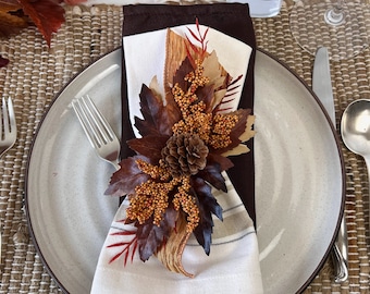 Fall Napkin Ring, Brown and Tan autumn leaves, thanksgiving dinner,  Autumn Table Decor, Fall Wedding