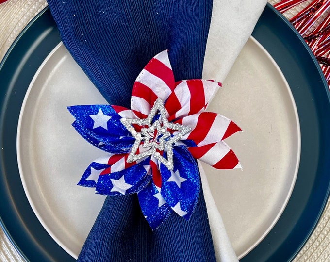 Featured listing image: Fourth of July Decor, Napkin Ring, Americana Decor, American Flag Decor, Pinwheel Decor, Patriotic Party Decor, Memorial Day Decor