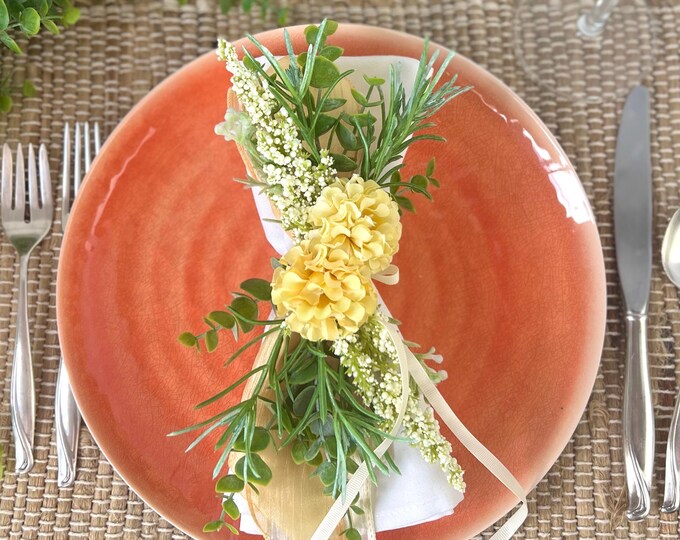 Featured listing image: Marigold napkin ring, floral decoration for housewarming gift, country dining room decor, bridal, baby shower decor, garden napkin holder