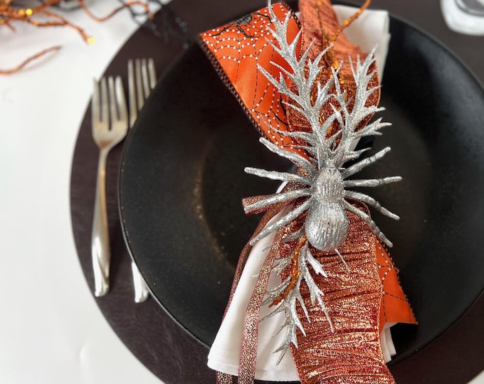 Featured listing image: Spider Napkin Ring, creepy Halloween decor, spider decorations, halloween party decorations, fall napkin holder, glam halloween