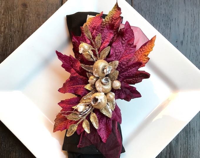 Featured listing image: Holiday Napkin Ring, Burgundy Decor, Elevated Holiday, thanksgiving dinner table decor,  Autumn Table Decor, Holiday Wedding Reception Decor