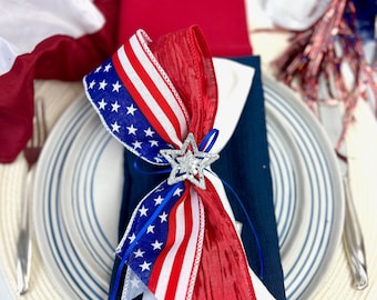 Napkin ring, 4th of July table decor, Independence day flag napkin bands, PCS gift military retirement gifts for wife, made in the USA