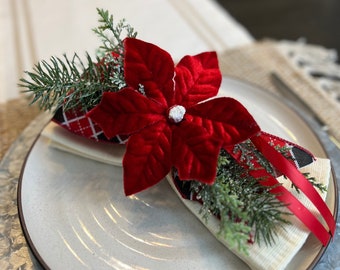 Poinsettia Napkin Ring with Plaid Ribbon,  Christmas Decor, Holiday Wedding Table Decor,  Christmas Party Table Decor, Napkin Holder