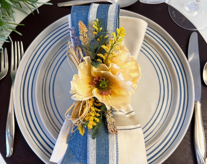 Featured listing image: Farmhouse napkin ring with Lemon Chiffon Peony, Easter table decor, dusty blue wedding decor, bridal shower kitchen gifts, rustic table