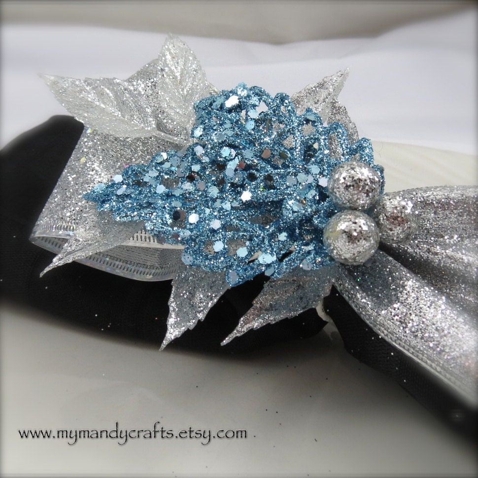 Napkin Ring Ice Blue Sparkle Leaf With Silver Berries Christmas Or New Year S Eve