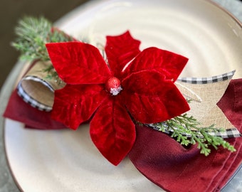 Poinsettia Napkin Ring with Buffalo Ribbon,  Elevated Holiday Decor, Holiday Party Table Decor,  Christmas Table Decor, Napkin Holder