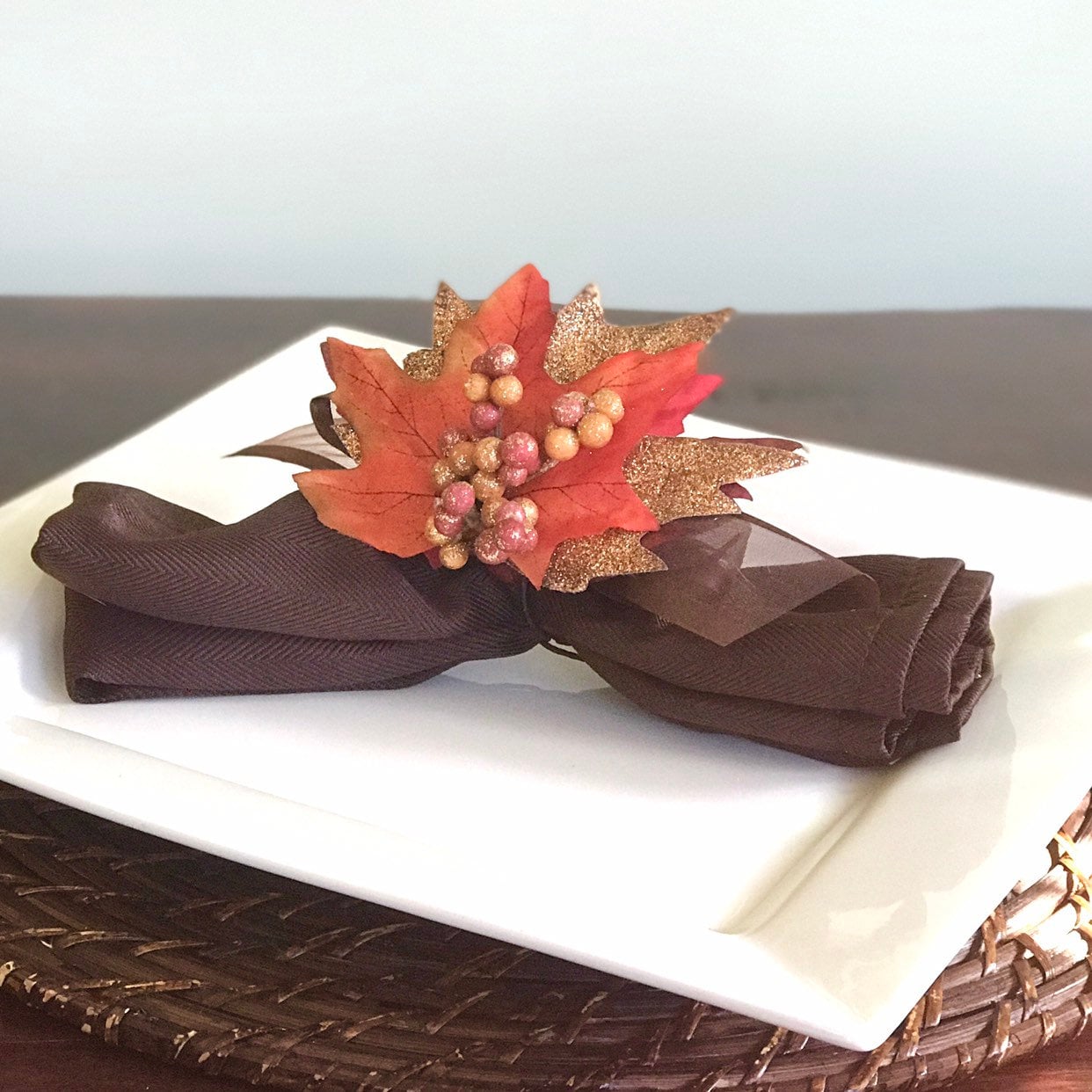 Autumn Napkin Ring with Glitter Leaf Fall Thanksgiving Table Decoration