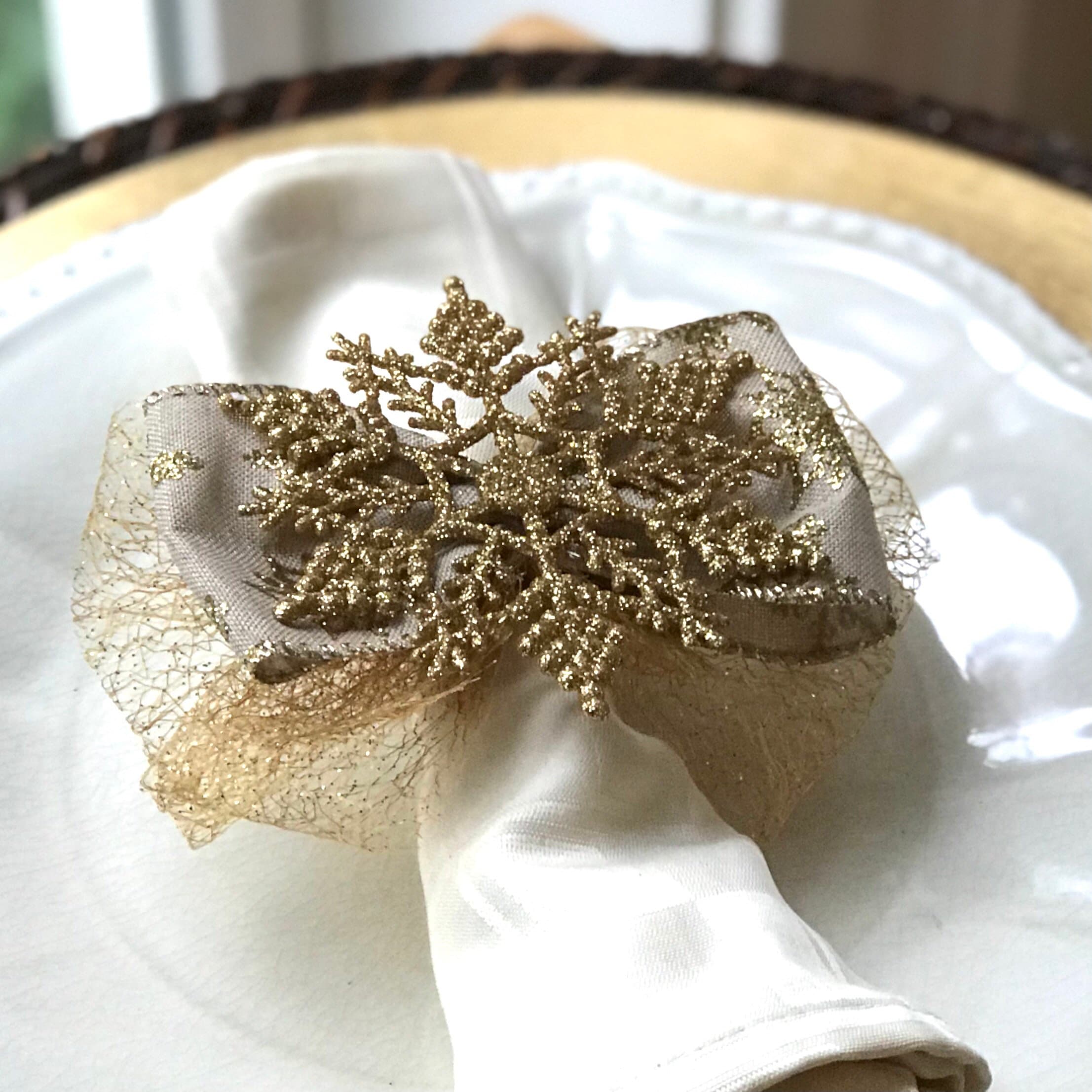 Christmas Napkin Ring Gold Snowflake With Gold Tulle Christmas
