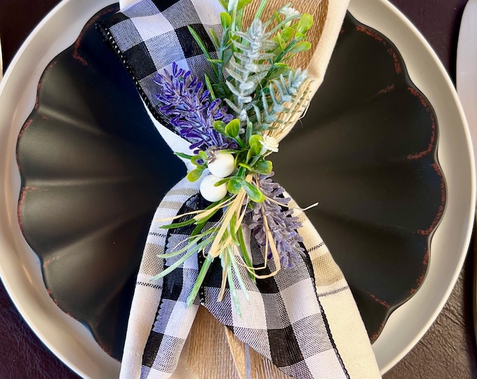 Featured listing image: Farmhouse napkin ring, Easter decor, lavender for housewarming gift, buffalo check decor, bridal shower kitchen gifts, Country Wedding Stuff