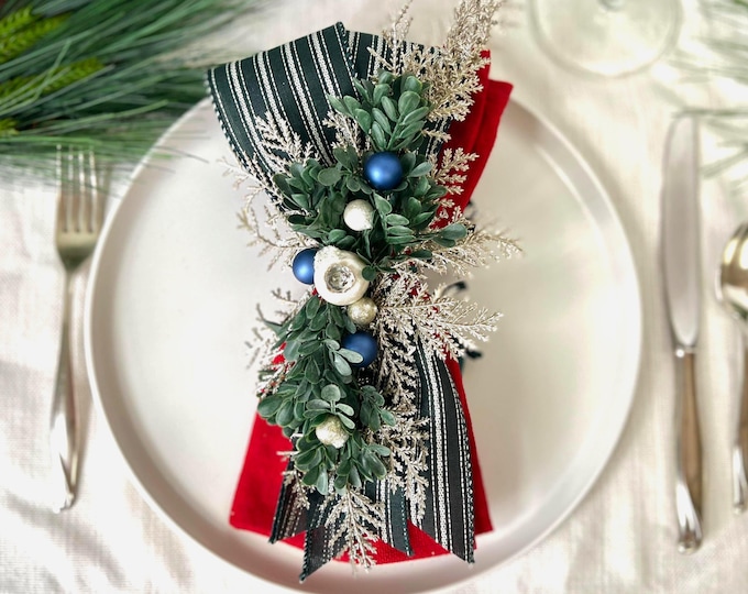 Featured listing image: Christmas Napkin Ring with Sage Evergreens, Holiday Party Table Decor, Elevated Table Setting