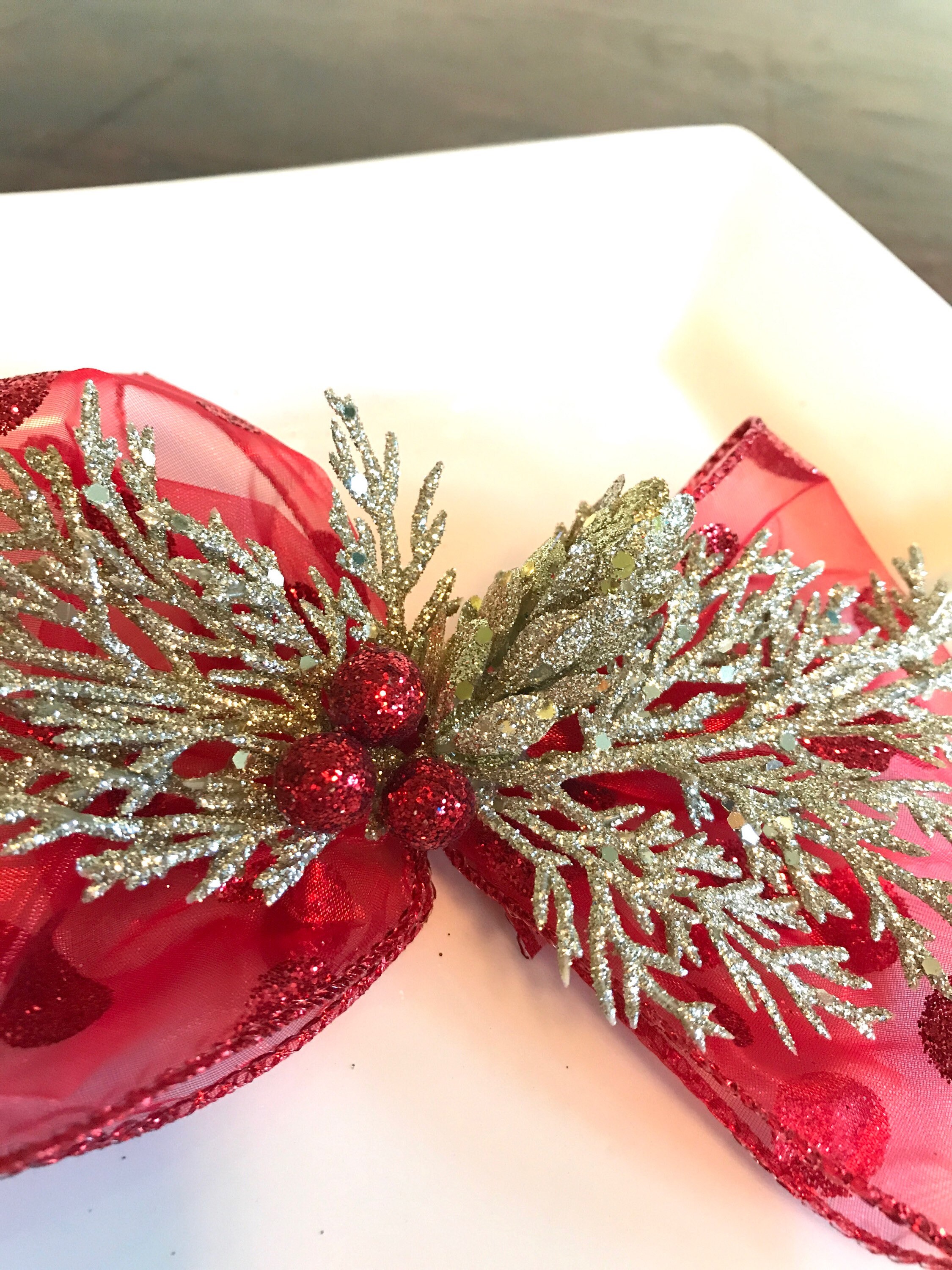 Napkin Rings gold cedar branches and red berries with Dotted Net