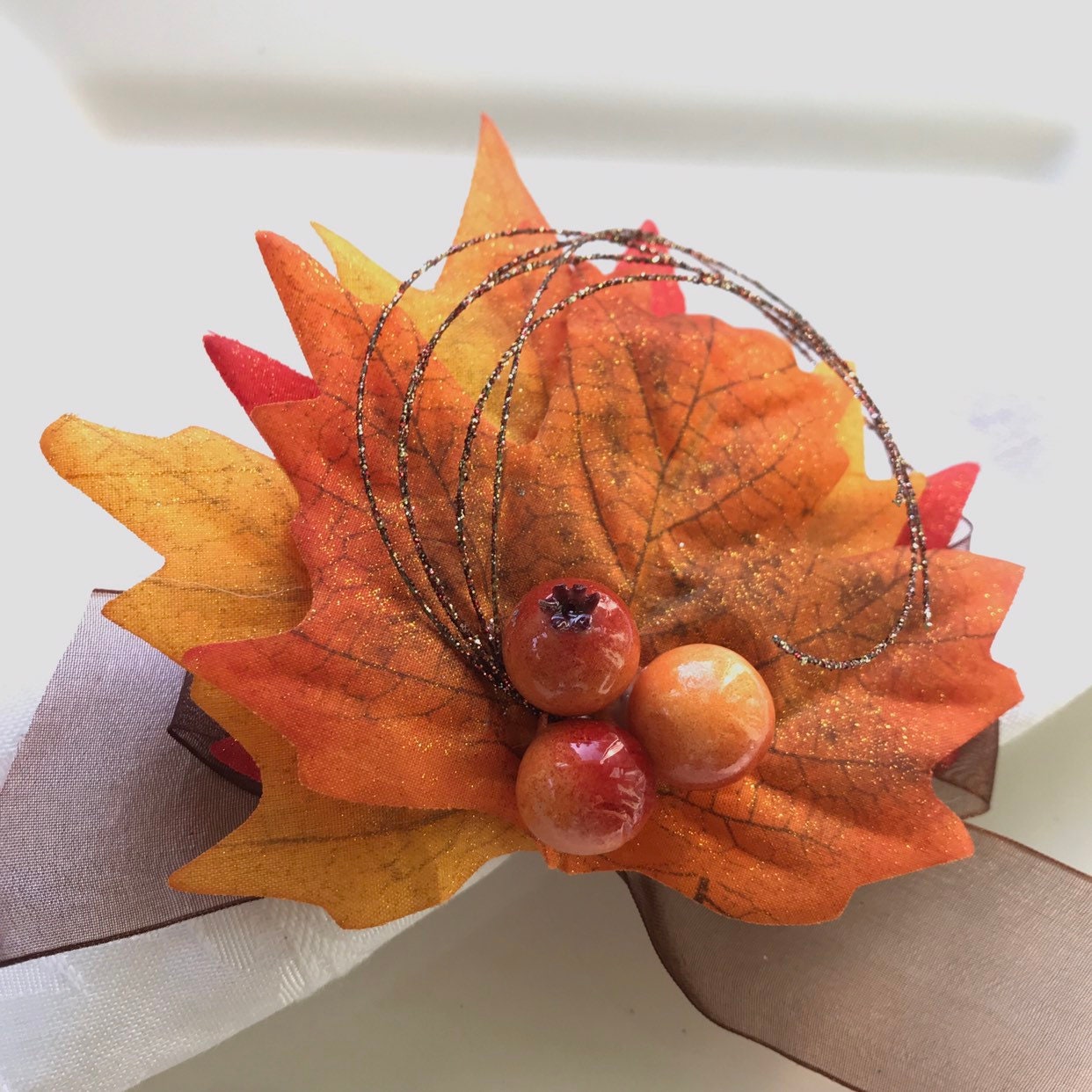Autumn Napkin Ring with glitter swirls and Berry