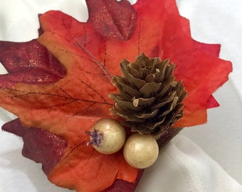 SALE - Fall Napkin Ring, Red and Orange Leaves with Pinecone, Thanksgiving Decor, Autumn Decor