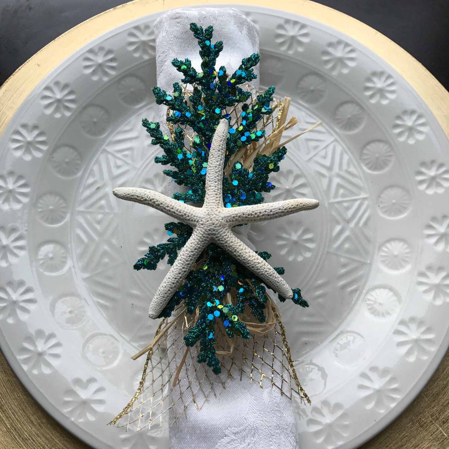 Napkin Ring, White Starfish with Turquoise Sprigs, Beach Wedding, Beach