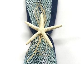 White Starfish Napkin Ring with Baby Blue Mesh Ribbon, Beach Wedding, Beach House Decor, Birthday Gift for Her