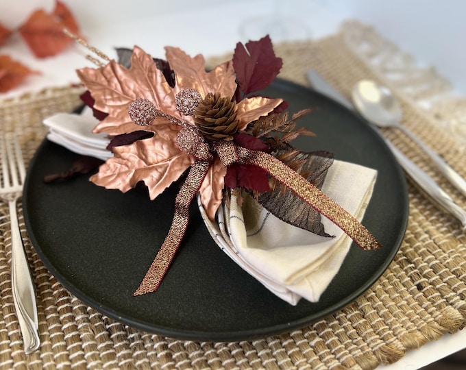 Featured listing image: Thanksgiving Napkin Ring: Copper Colored Faux Leaves, Berries & Pinecone