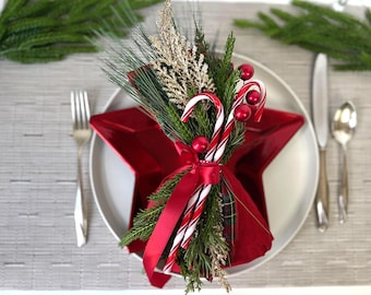 Candy Cane Napkin Ring with Pine, Holiday Party Table Decor, Elevated Table Setting