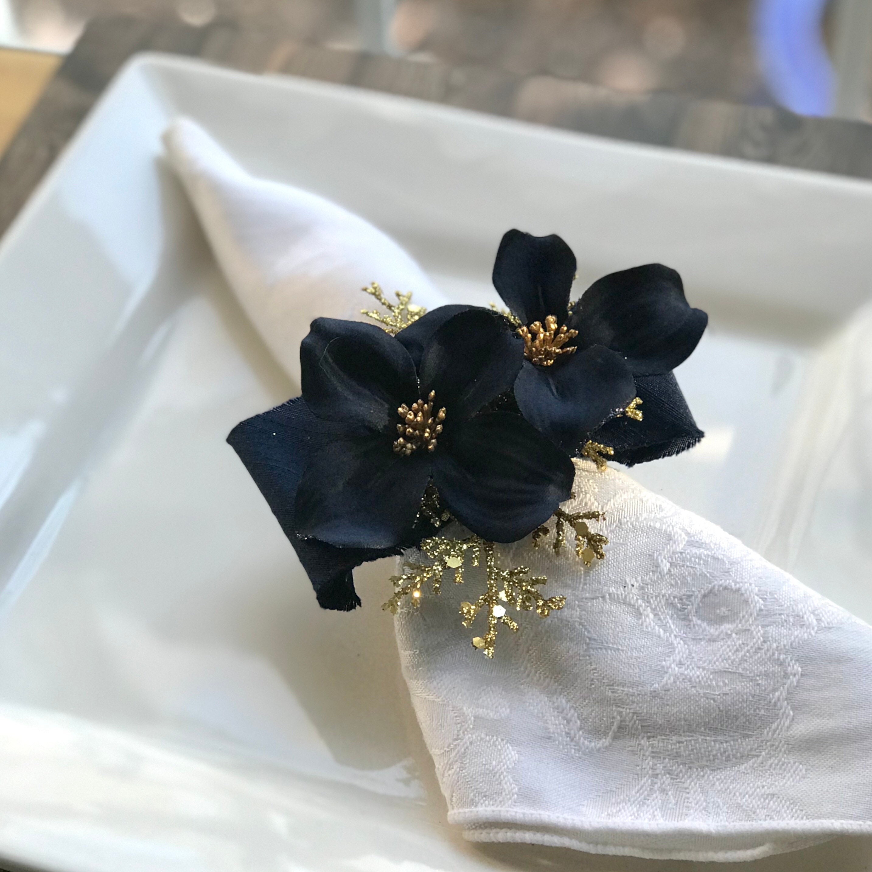 Napkin Ring, Royal Blue Flower with Silk Ribbon, Wedding decor, gift