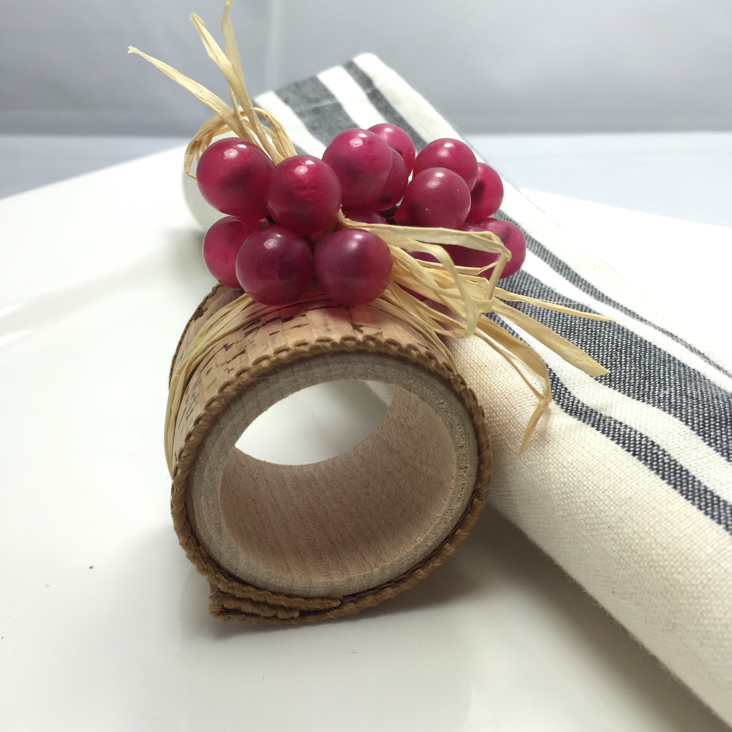 Napkin Ring Burgundy Grapes with cork ribbon and raffia housewarming