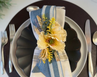 Farmhouse napkin ring with Lemon Yellow Peony, Floral table decor, dusty blue wedding decor, bridal shower kitchen gifts, country Decor home