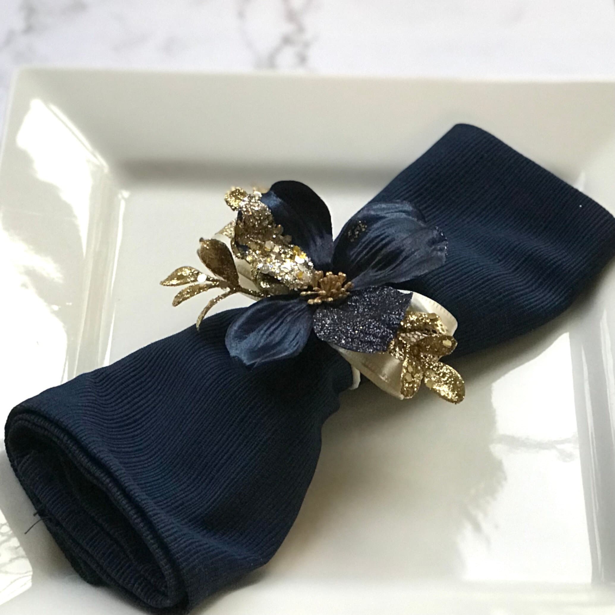 Navy Blue Flower Napkin Ring, wedding decor, Christmas Table, Holiday