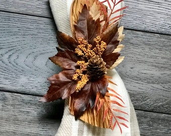 Fall Napkin Ring, Brown and Tan autumn leaves, thanksgiving dinner,  Autumn Table Decor, Fall Wedding