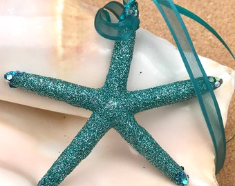 Turquoise Starfish Christmas Ornament, Holiday Decor, Beach Wedding Decor, Nautical Decor