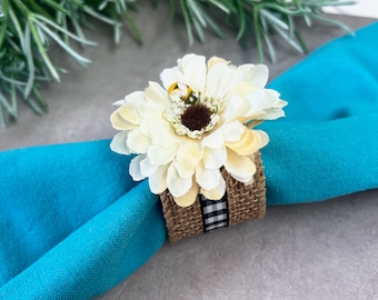 Flower Napkin Ring with Creamy Yellow Mum,  Bumble Bee Decor, Table setting for Easter, Mother's Gift for Beekeeper Friend, Shower Decor