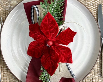Poinsettia Napkin Ring with Buffalo Ribbon,  Elevated Holiday Decor, Holiday Party Table Decor,  Christmas Table Decor, Napkin Holder