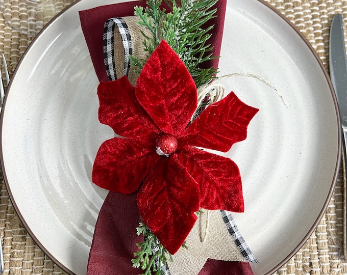 Featured listing image: Poinsettia Napkin Ring with Buffalo Ribbon,  Elevated Holiday Decor, Holiday Party Table Decor,  Christmas Table Decor, Napkin Holder