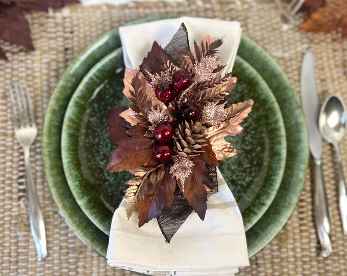 Featured listing image: Fall Leaf Napkin Ring, Autumn Decor, Thanksgiving Table Decor, Fall Leaves Napkin Holder, Home Decor Gift, Holiday Dinner Party Setting