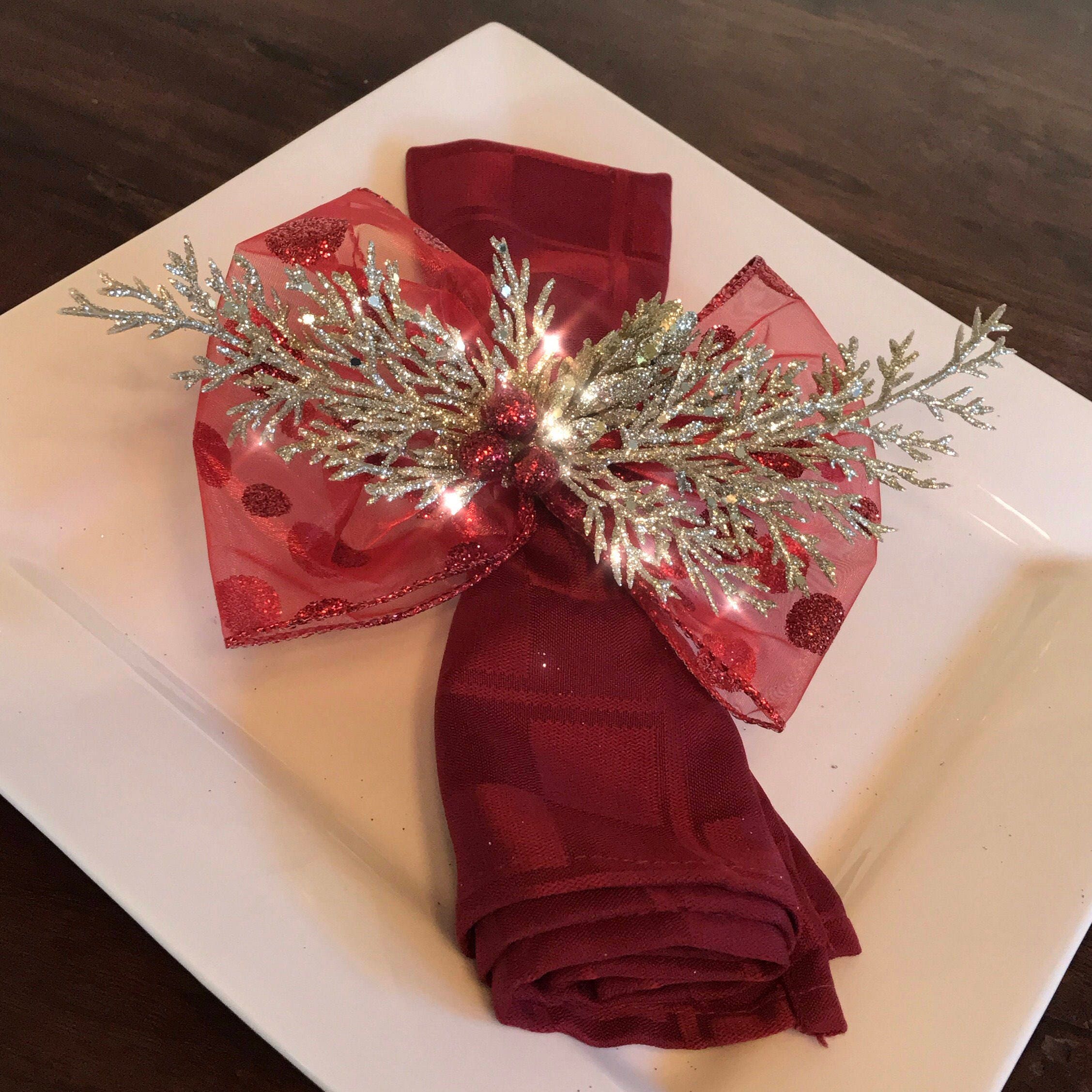 Napkin Rings gold cedar branches and red berries with Dotted Net