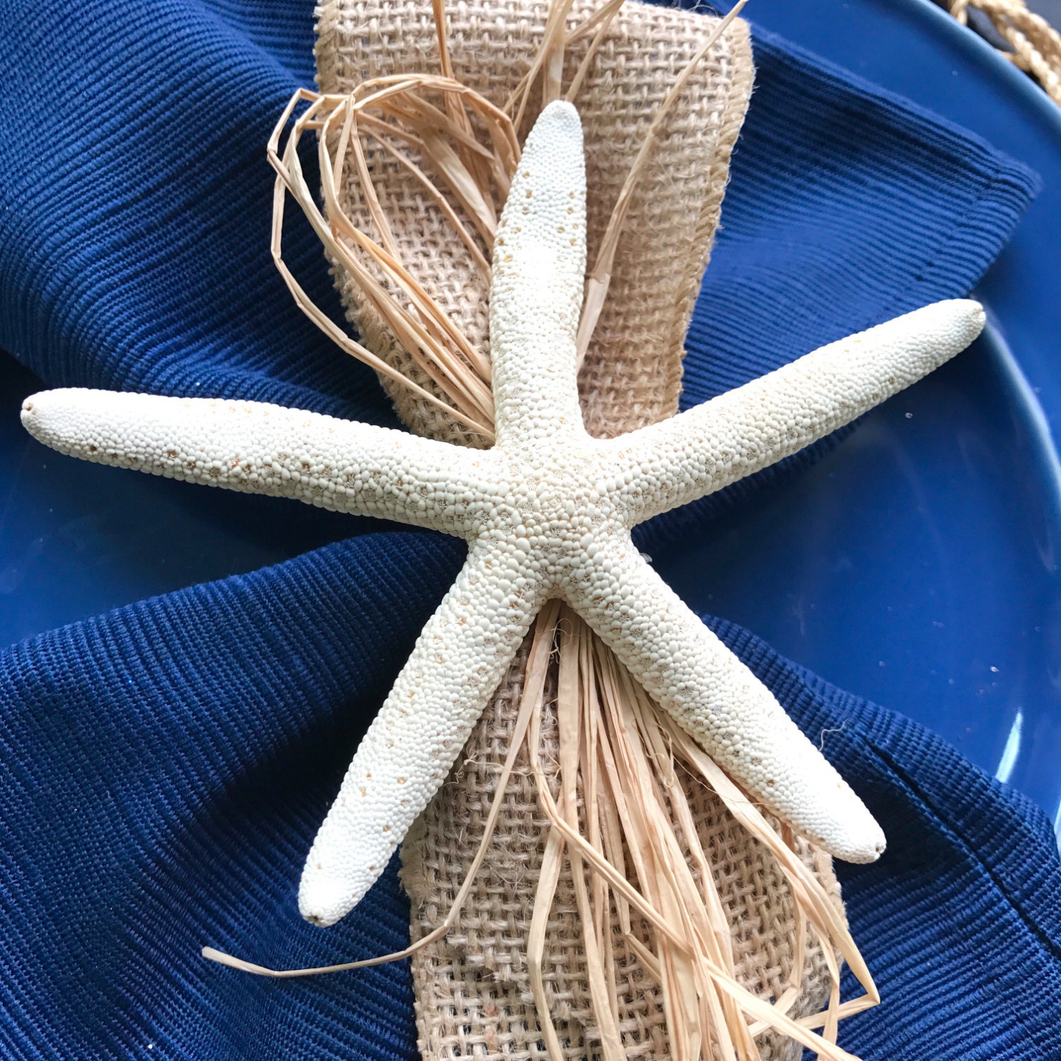 White Starfish Napkin Ring with Burlap Ribbon Beach Wedding