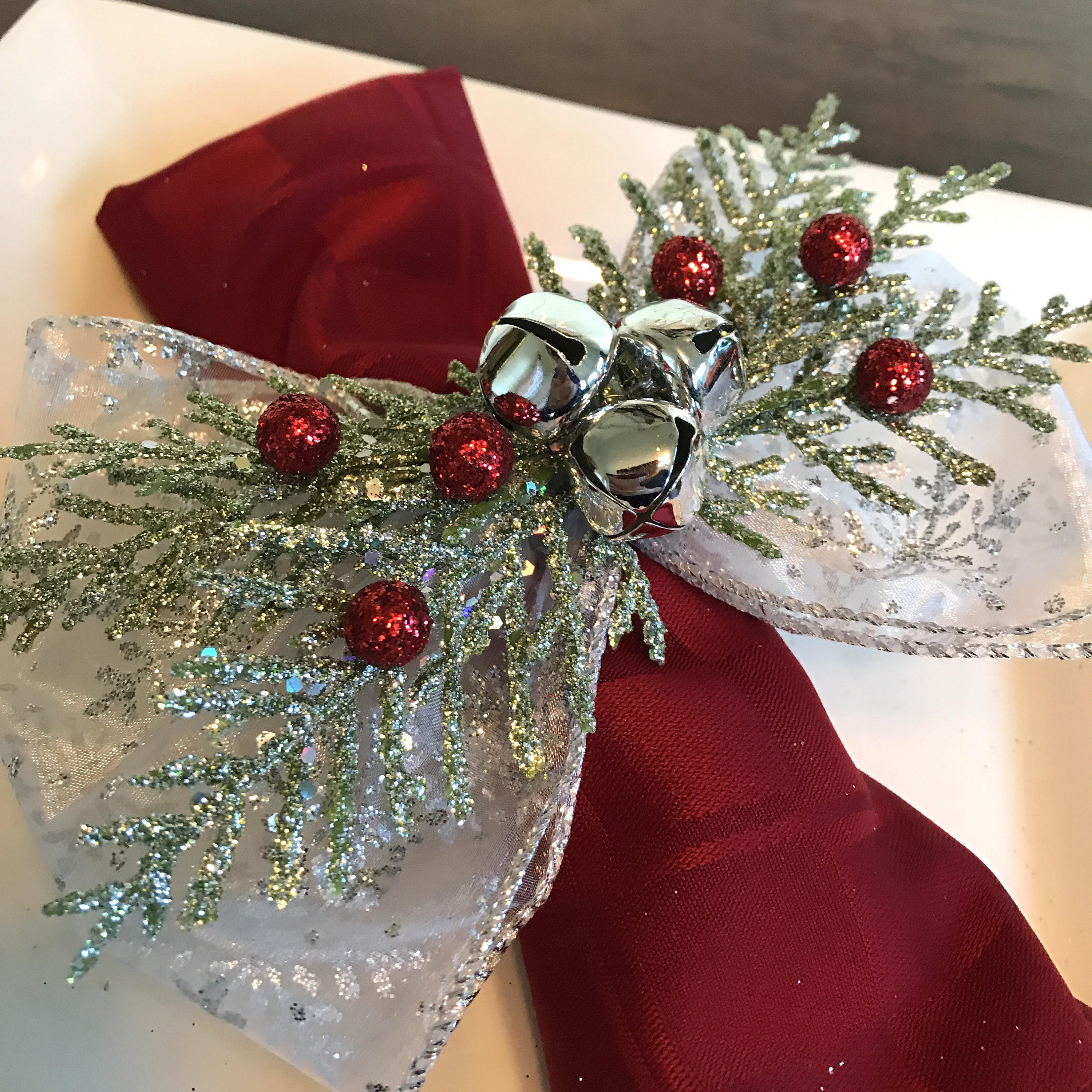 Napkin Rings green cedar branches and silver jingle bells with