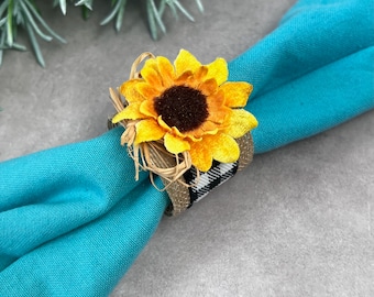 Sunflower Napkin Ring,  Buffalo Check Farmhouse Decor, Easter Place Setting Decor, Mothers Gift for Best Friend, Country Wedding Table Decor